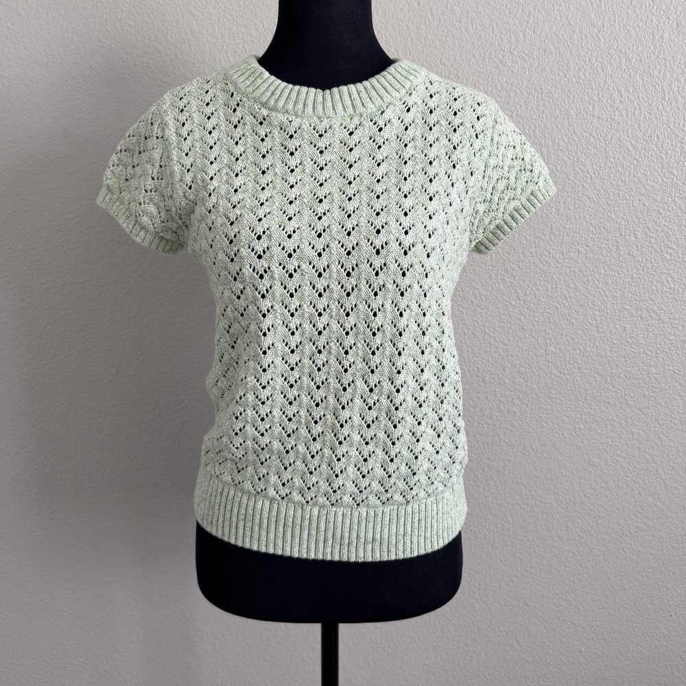 LOFT Small Mint Pointelle Knit Sweater Top Short Sleeve Cottagecore Pullover
